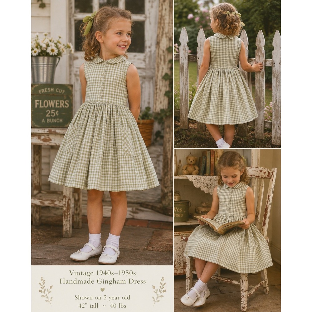 Vintage 1940s 50s Handmade Girls Gingham Dress Set with Belt and Jacket Green
